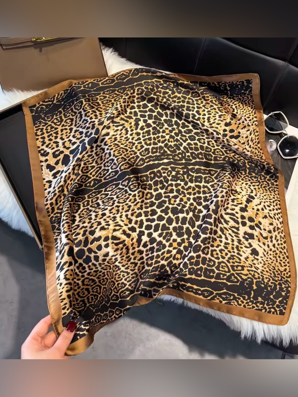Leopard Print Satin Square Scarf - Brown/Black